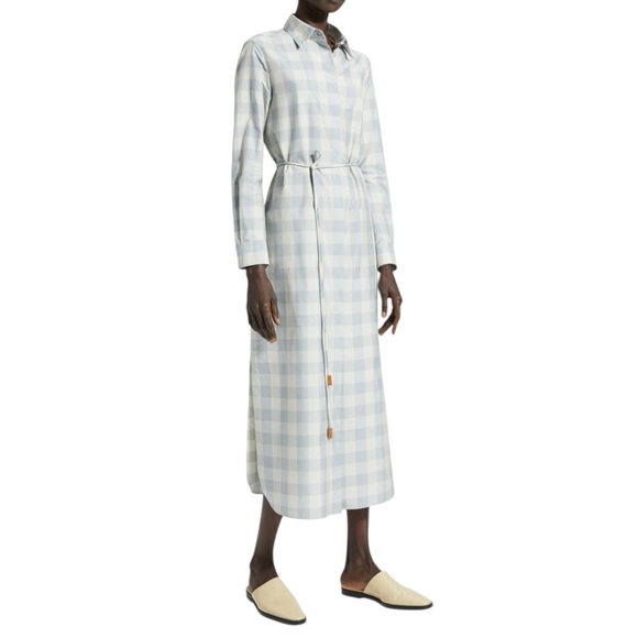 Theory Dresses & Skirts - Theory Women’s Size S P Blue White Fuji Check Belted Midi Slit Side Shirtdress